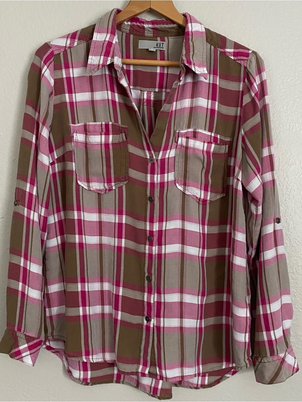 KUT from the Kloth Shirt Women's M Pink Espresso 100% Lyocell Roll Tab Sleeves